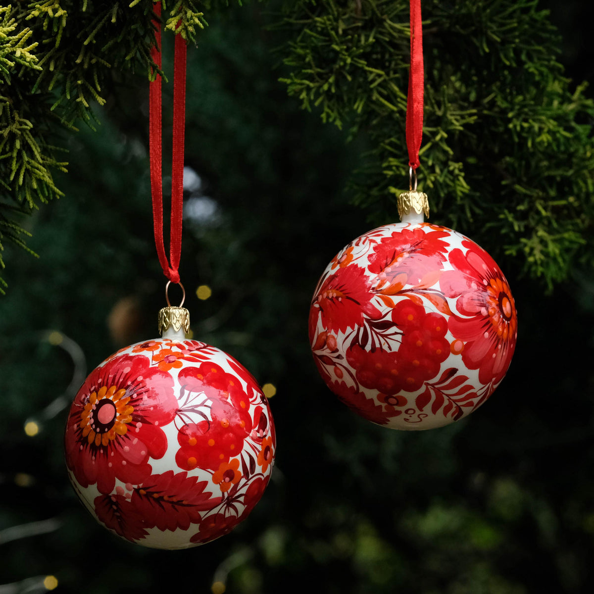 Set of 2 Christmas ornaments - Hand-painted Ukrainian ball ornaments 2.4 in, Handmade red flower Petrykivka folk art baubles