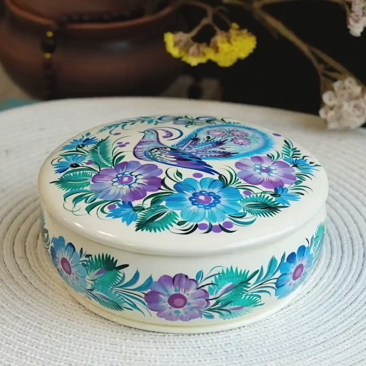 Hand-painted Wooden Jewelry Box with Ukrainian Petrykivka Art - Fairy Bird & Blue Flowers
