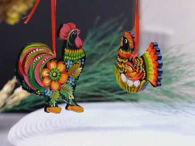 Painted Wooden Chicken Ornament - Personalized Ukrainian Petrykivka Easter Decoration
