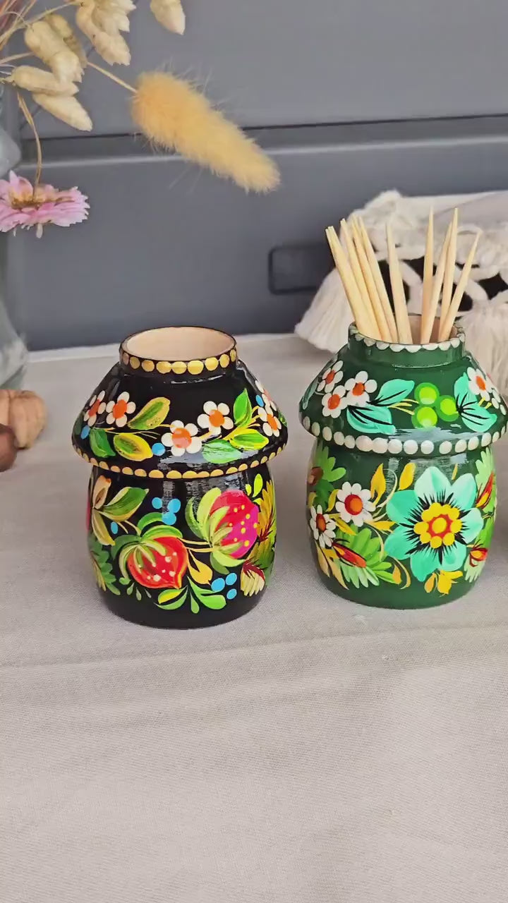 Toothpick Holder - Hand-painted Wooden Beige Flower Toothpick Holder, Ukrainian Petrykivka Housewarming Gift