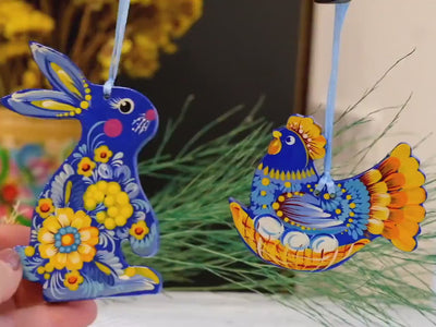 Painted Wooden Easter Bunny Ornament - Personalized Ukrainian Petrykivka Decoration