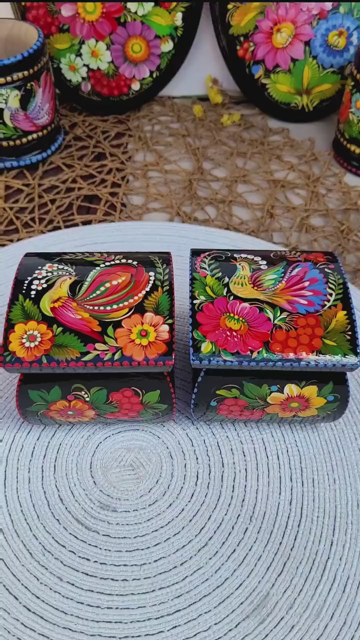 Hand-painted Wooden Jewelry Box with Firebird 3.15" in - Traditional Ukrainian Petrykivka Folk Art