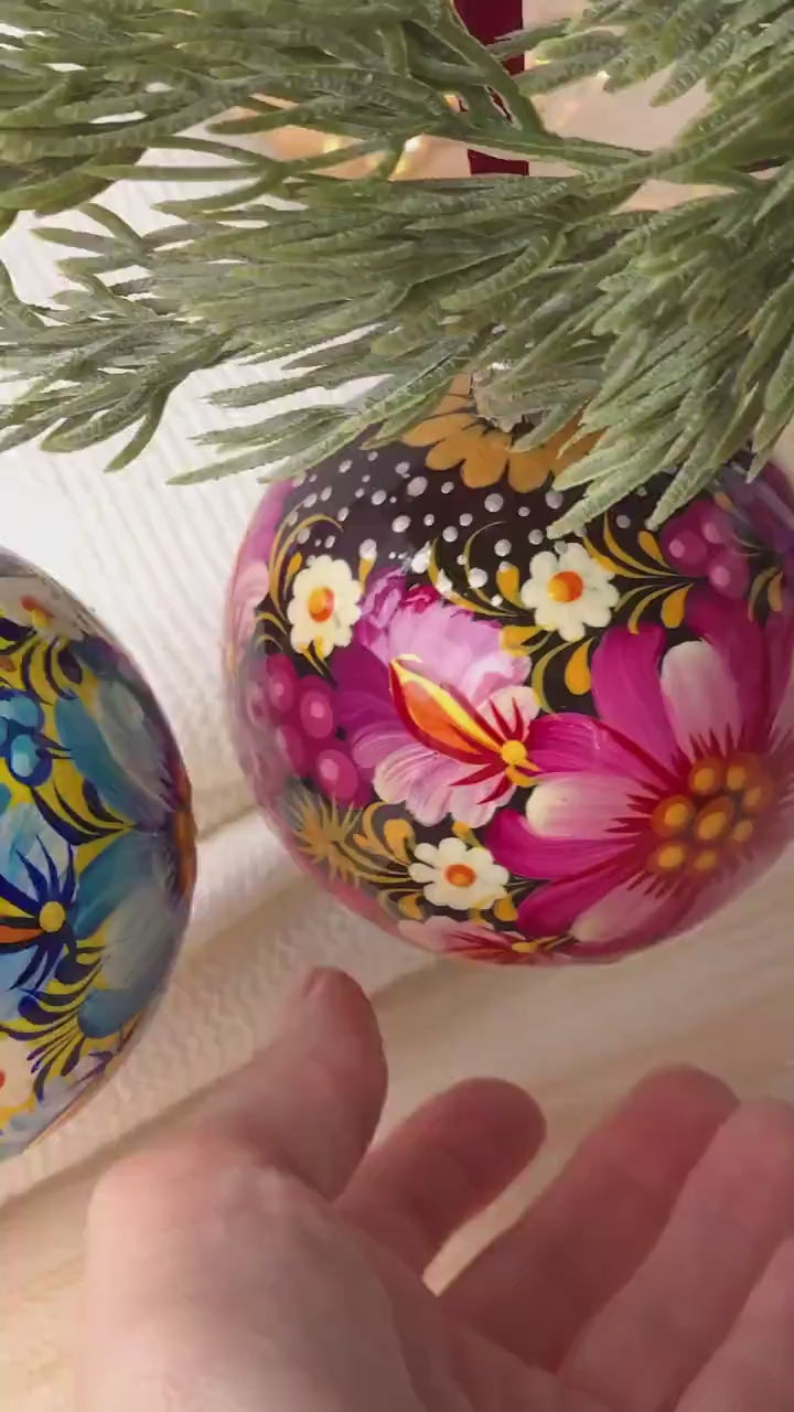 Painted Ukrainian Pink Flower Christmas Ball Ornament 3.14 in - Handmade Petrykivka Art Purple Christmas Tree Decoration