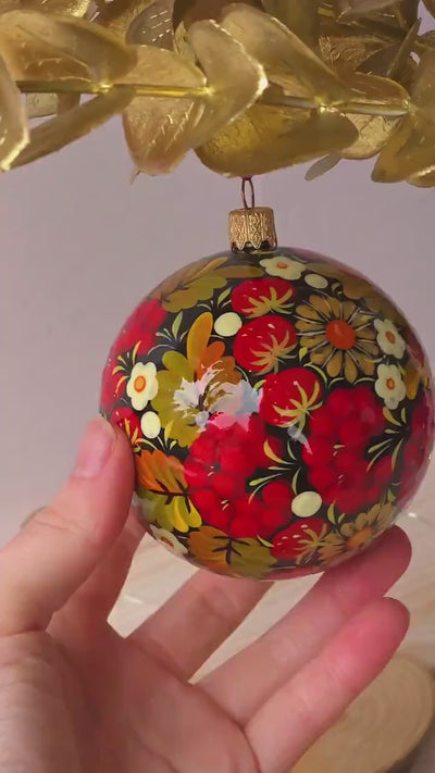 Hand-painted Ukrainian Christmas Ball Ornament 3.14 in - Handmade Petrykivka Art Red Flower Hanging Ornament, Folk Christmas Tree Decoration