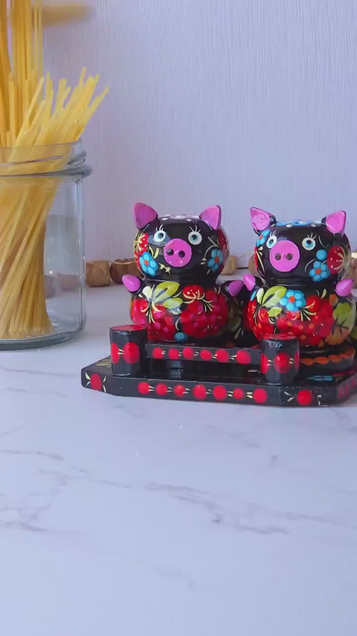 Wooden Salt & Pepper Shakers on Stand Set, Hand-painted Red Flower Pigs Shakers with Petrykivka Art - Wall/Countertop Rack, Tight-Seal Lids