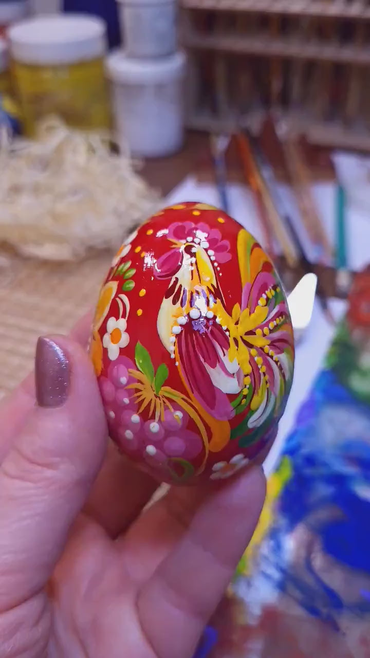 Painted Wooden Rooster Egg Ornament - Hanging Ukrainian Pysanky - Petrykivka Easter Decoration