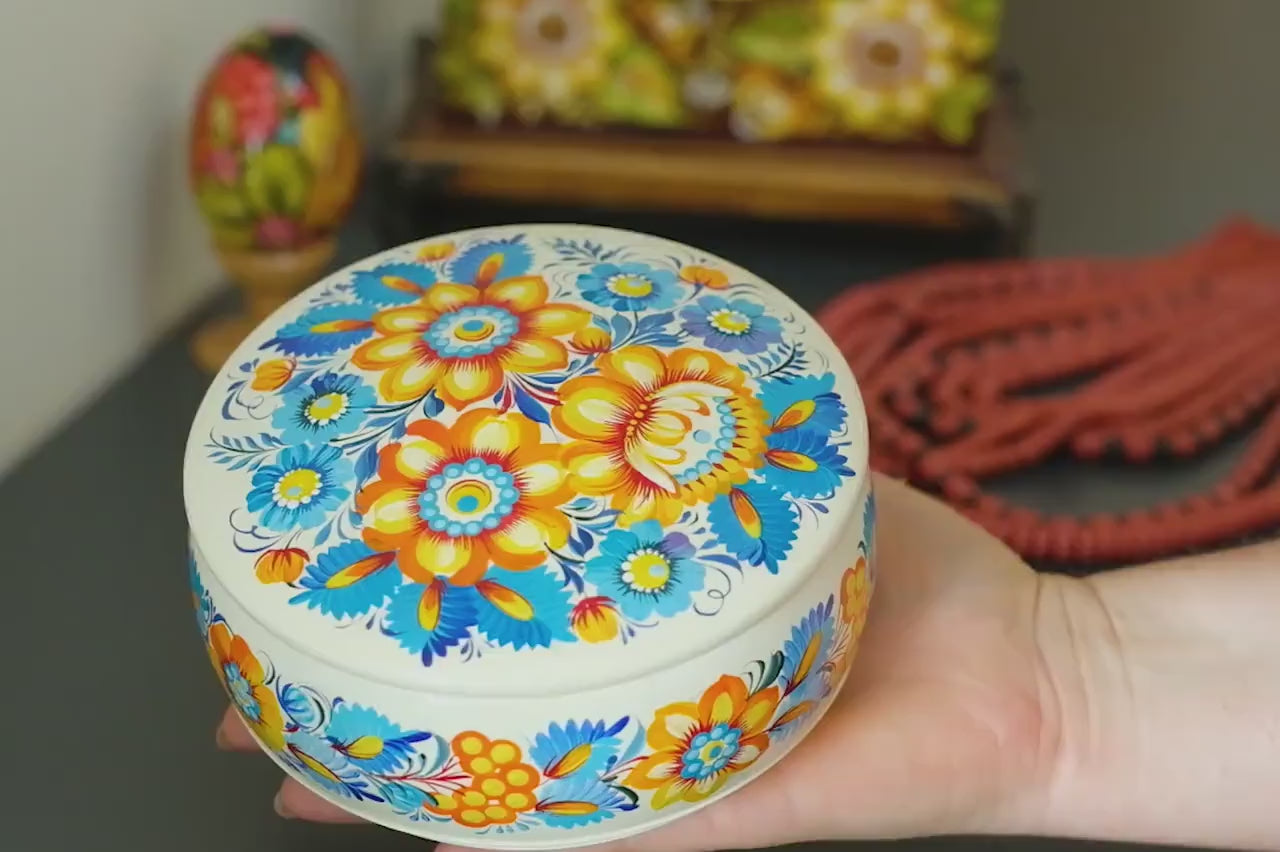 Painted Wooden Sunflower Jewelry Box with Ukrainian Petrykivka Art - Blue & Yellow Flowers