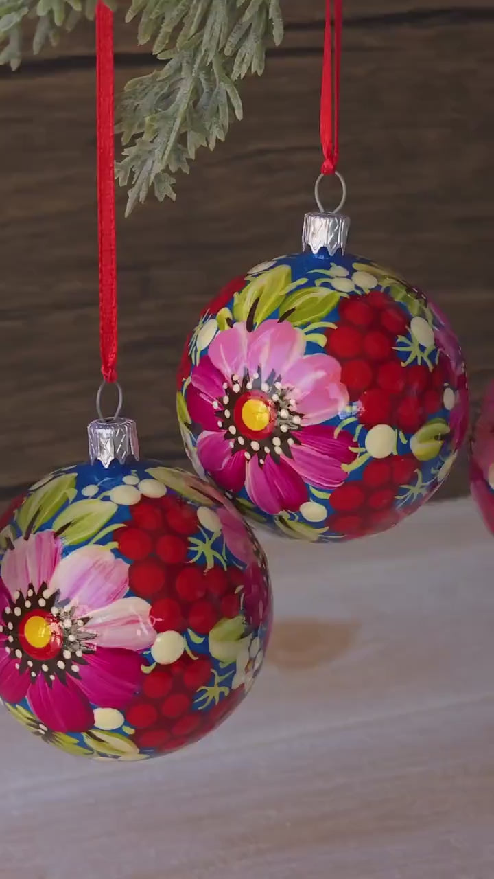 Christmas Ornament Set of 4/6/9 pcs - Hand-painted Ukrainian Christmas Ball Ornaments 2.4 in with Petrykivka art, Unique Pink Flower Baubles