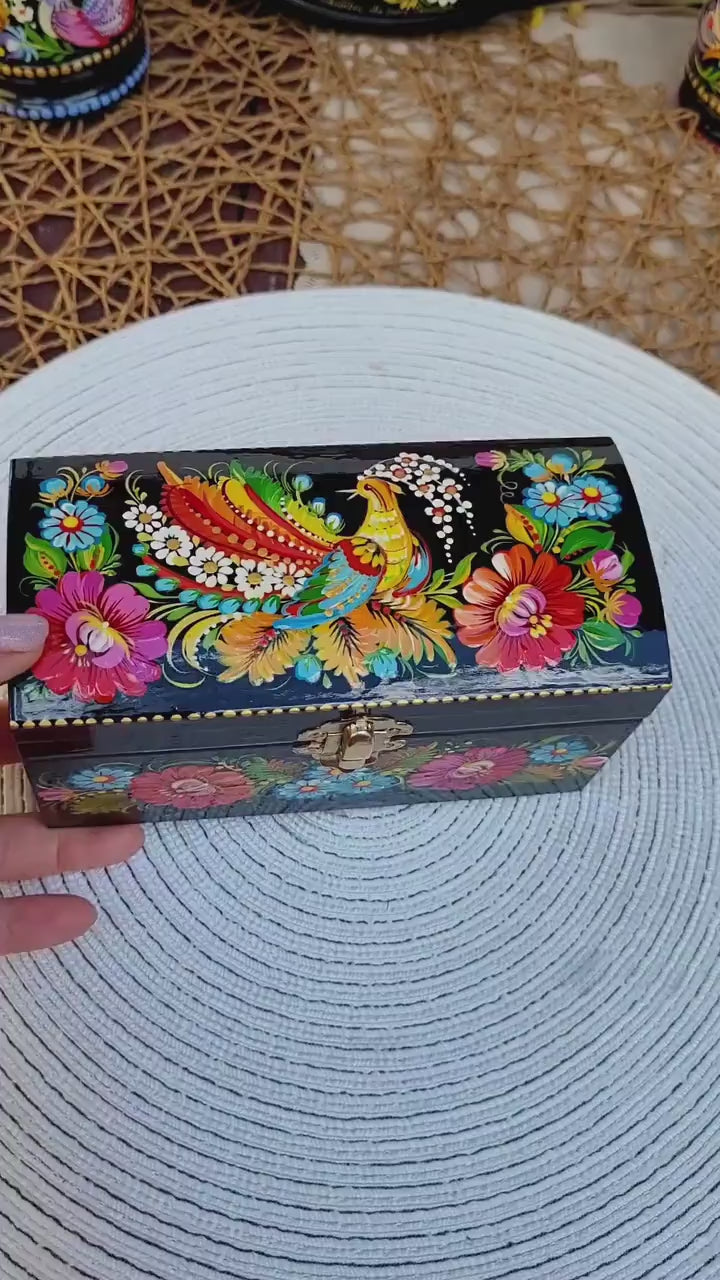 Painted Wooden Jewelry Box with Ukrainian Firebird 6.3" in - Traditional Petrykivka Folk Art