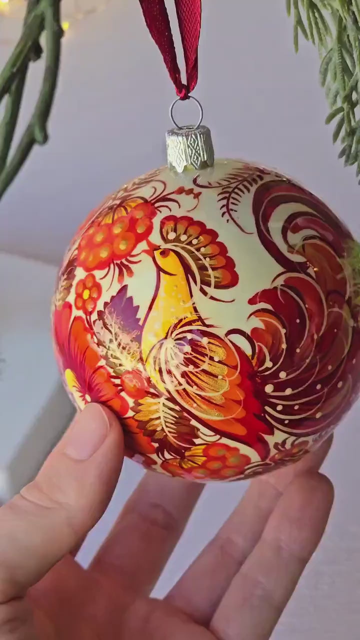 Painted Red Bird Christmas Ball Ornament 3.14 in - Handmade Ukrainian Petrykivka Ornament with Fairy Bird, Unique Red Flower Bauble