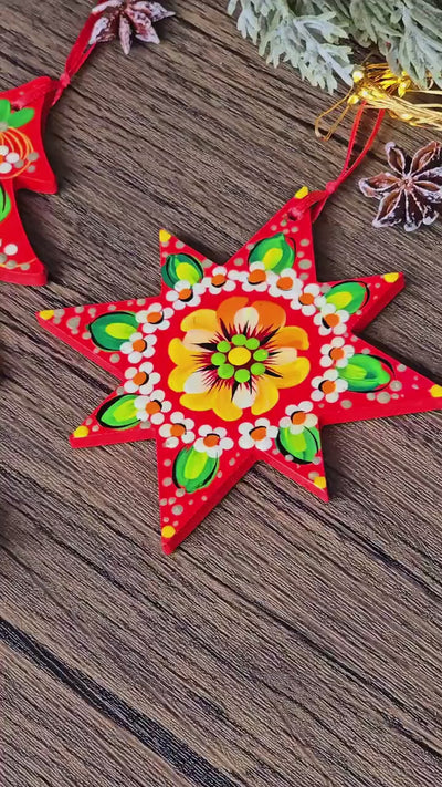 Painted Ukrainian Wooden Christmas Ornament Set - Handmade Red & Green Tree and Star Petrykivka Decorations