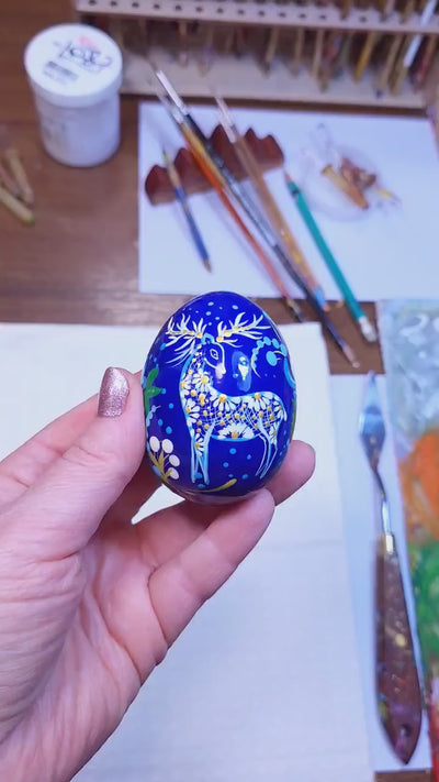 Painted Wooden Hanging Egg Ornament- Personalized Deer Easter Decoration, Ukrainian Petrykivka Pysanky Eggs