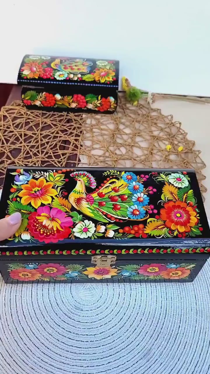 Painted Wooden Jewelry Box with Firebird & Sunflowers 8.27" - Ukrainian Traditional Petrykivka Folk Art