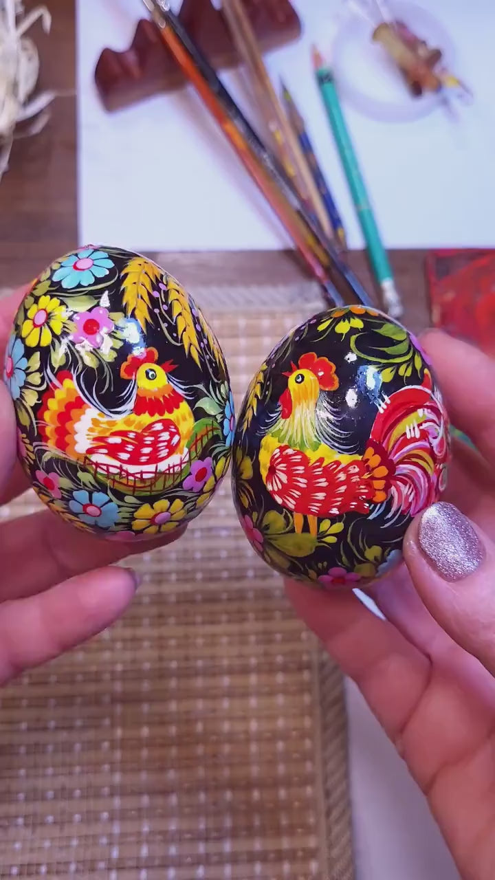 Painted Wooden Chicken Egg Ornament - Hanging Ukrainian Pysanky - Petrykivka Rooster & Hen Easter Decoration