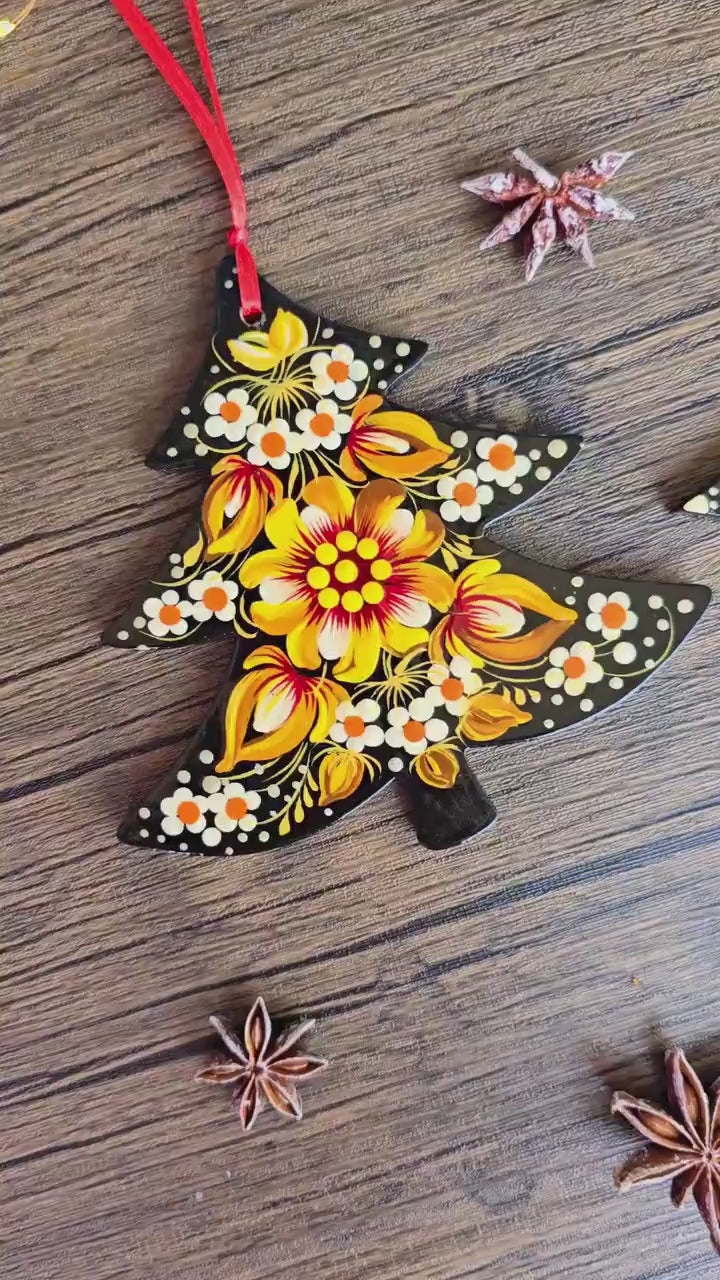 Set of Painted Wooden Christmas Ornaments - Handmade Tree and Star Decorations, Petrykivka Art Orange & Yellow Flower Ukrainian Ornaments