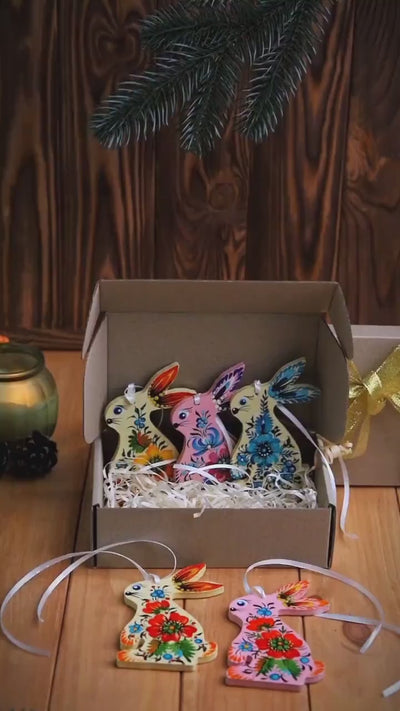 Personalized Wooden Bunny Christmas Ornament - Hand-painted Ukrainian Petrykivka Folk Art Christmas Tree Decoration