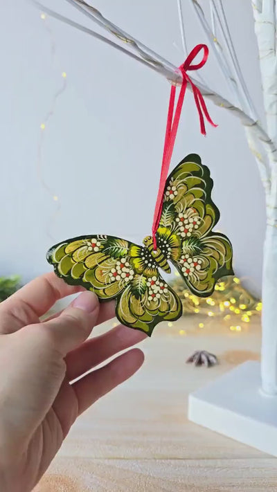 Hand-Painted Wooden Butterfly Ornament - Red Flower Butterfly Christmas Tree Decoration with Ukrainian Petrykivka Art