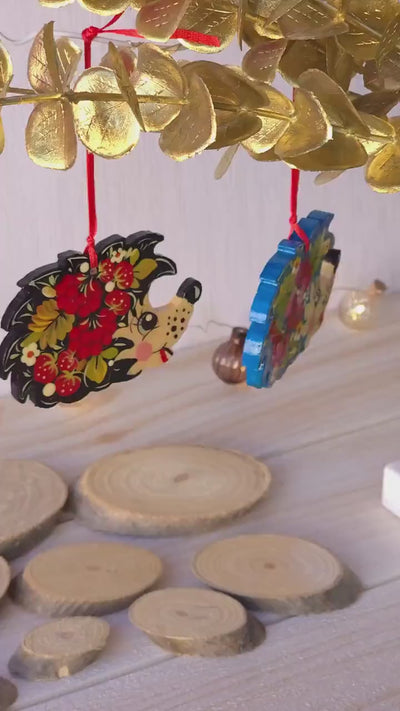 Painted Wooden Hedgehog Ornament - Handmade Ukrainian Petrykivka Art Christmas Tree Decoration