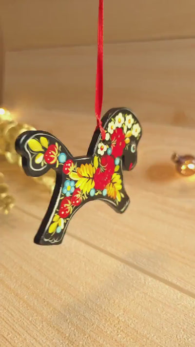 Painted Wooden Horse Christmas Ornament - Handmade Red Flower Christmas Tree Decoration, Ukrainian Petrykivka Art Christmas Ornament