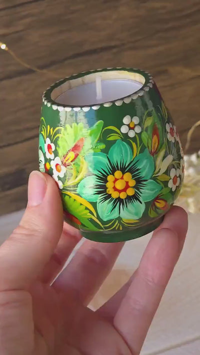 Ukrainian Painted Wooden Tea Light Candle Holder, Handmade Petrykivka Candle Holder, Emereld Green Flower Candle Holder with Candle