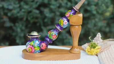 Long Wooden Smoking Pipe Painted with Dove - Ukrainian Folk Art Petrykivka, Purple Flower Tobacco Pipe