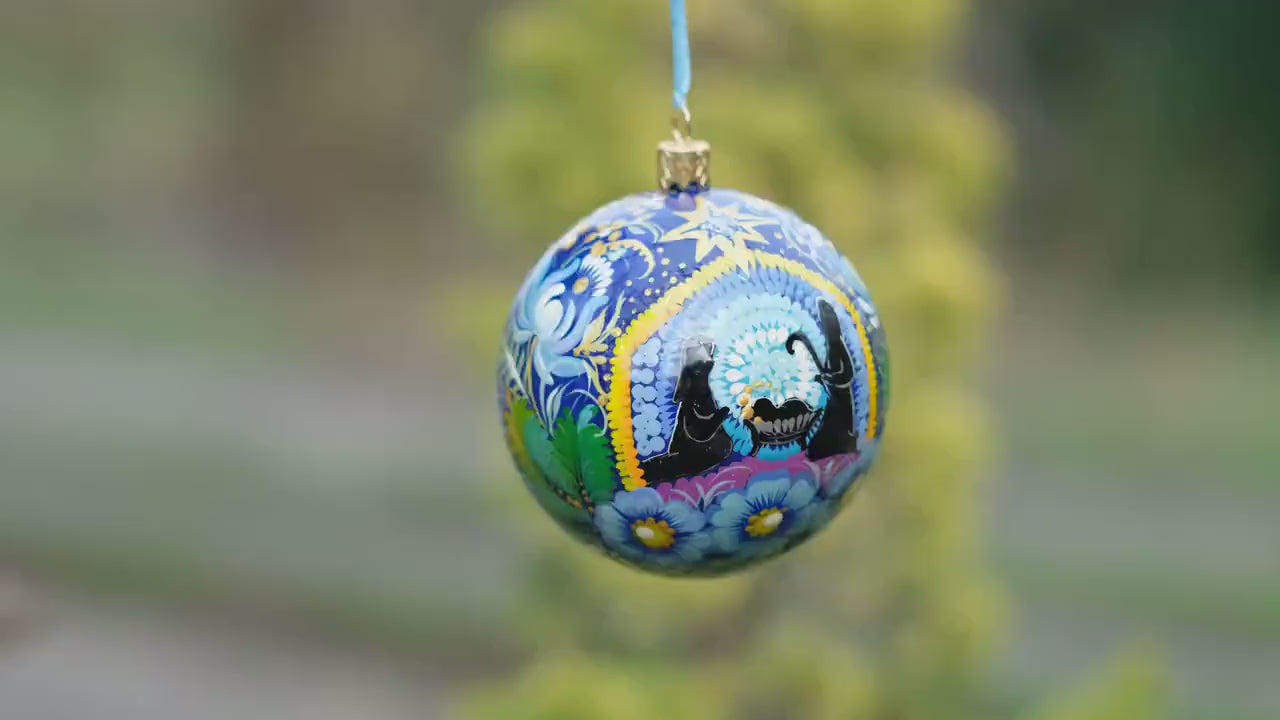 Hand-painted nativity scene ornament, Ukrainian Christmas ornament, Blue flower bauble ornament, Unique tree ball with Petrykivka painting