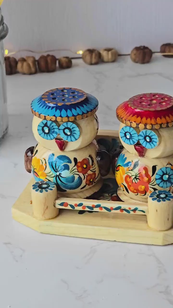 Salt & Pepper Shakers on Stand Set, Hand-painted Owl-Shaped Wooden Shakers with Petrykivka Art - Wall/Countertop Rack, Tight-Seal Lids