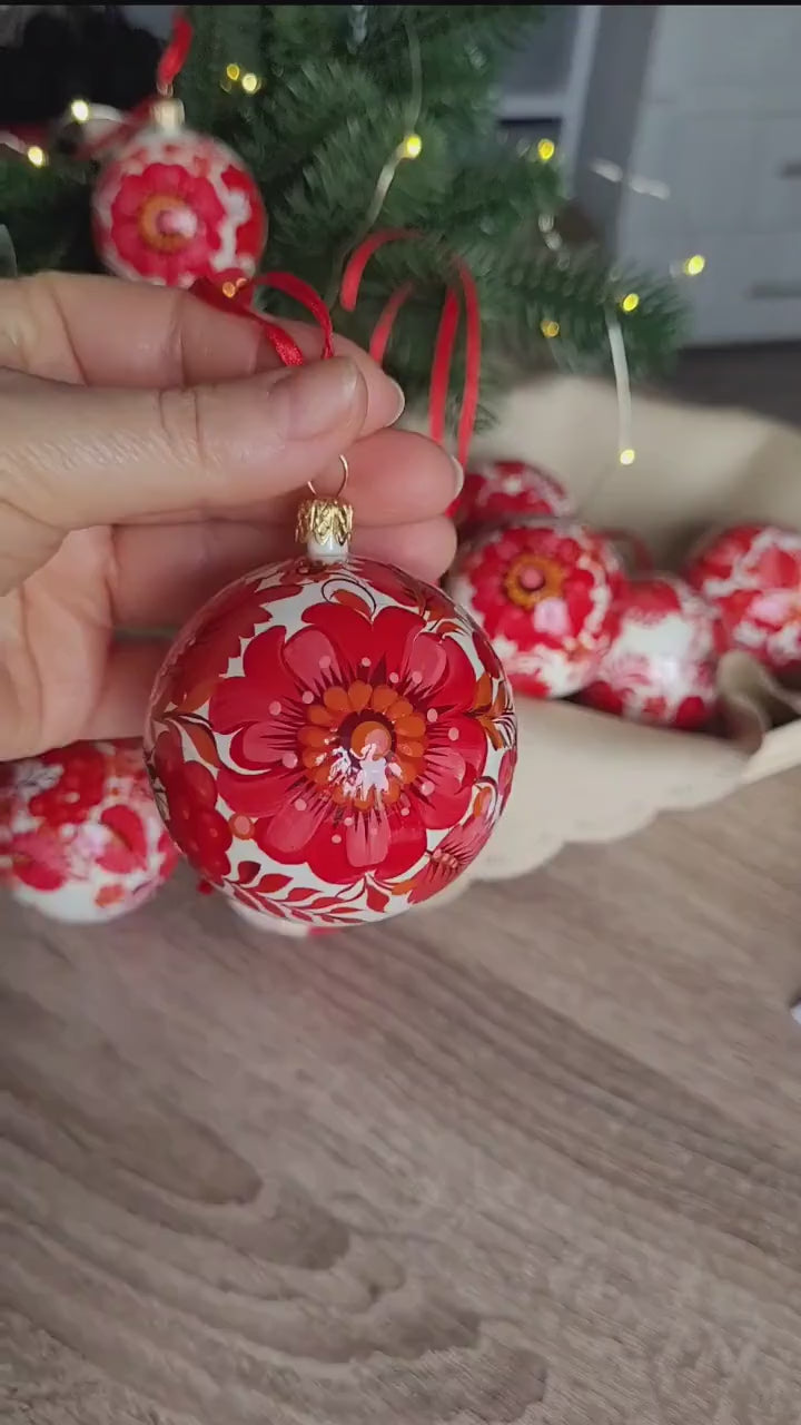 Set of 2 Christmas ornaments - Hand-painted Ukrainian ball ornaments 2.4 in, Handmade red flower Petrykivka folk art baubles