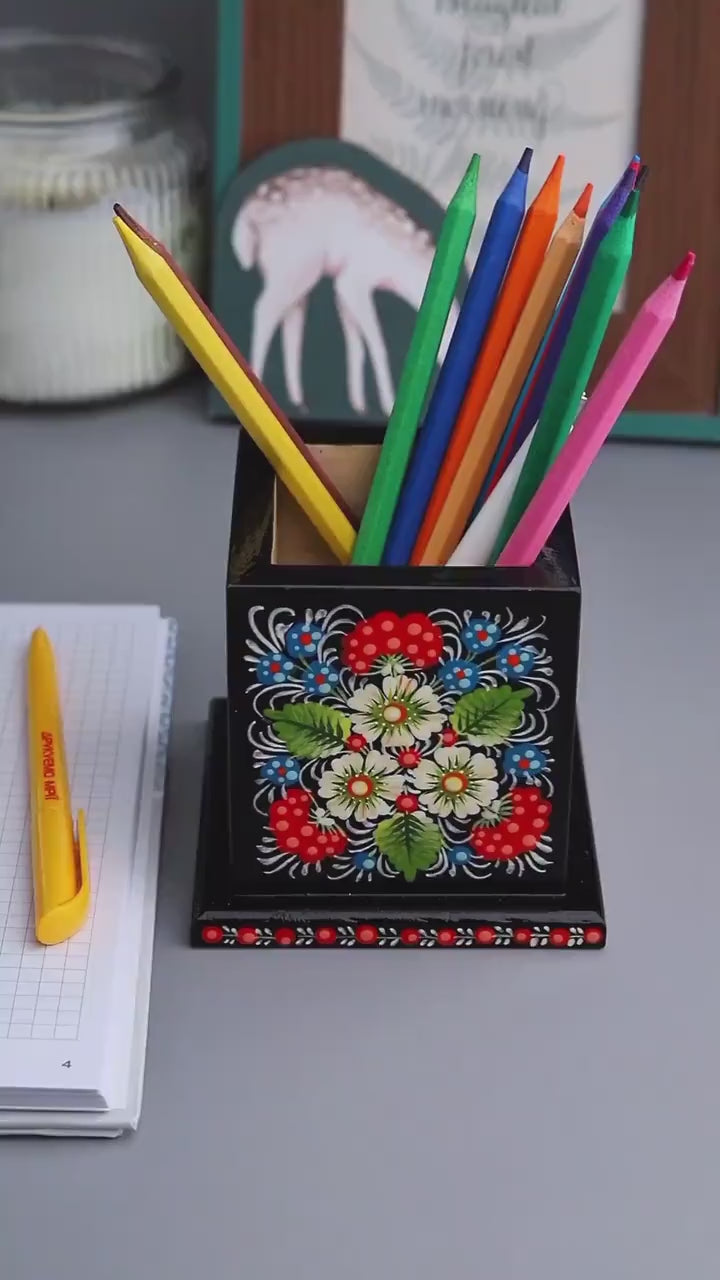 Personalized Wooden Pencil Holder - Hand-painted Petrykivka Art Pen Holder, Red Flower Ukrainian Desk Decor, Unique Back to School Gift