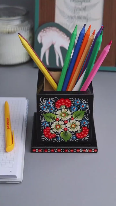 Personalized Wooden Pencil Holder - Hand-painted Petrykivka Art Pen Holder, Red Flower Ukrainian Desk Decor, Unique Back to School Gift