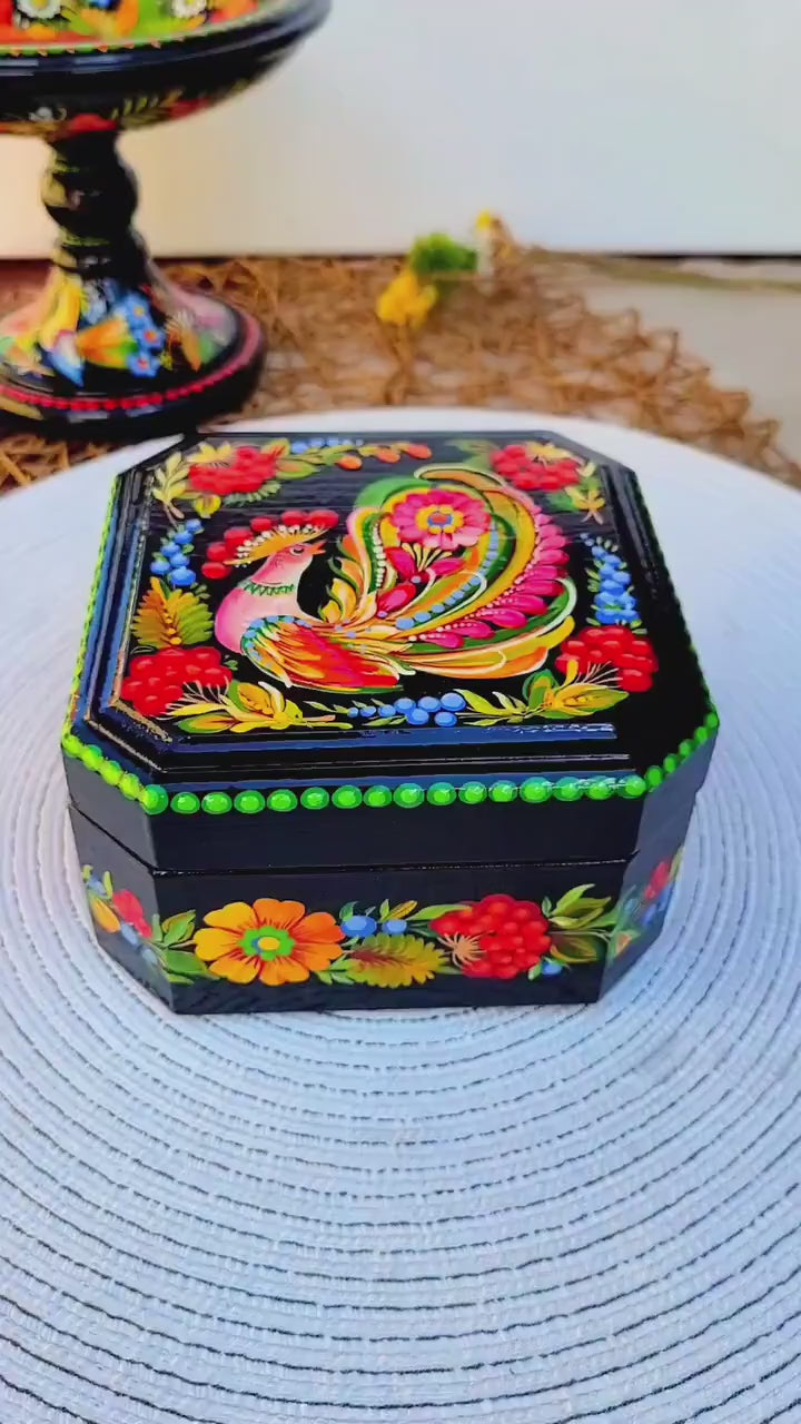 Hand-Painted Wooden Jewelry Box 5.5 inches - Ukrainian Firebird Petrykivka Art Treasure Chest