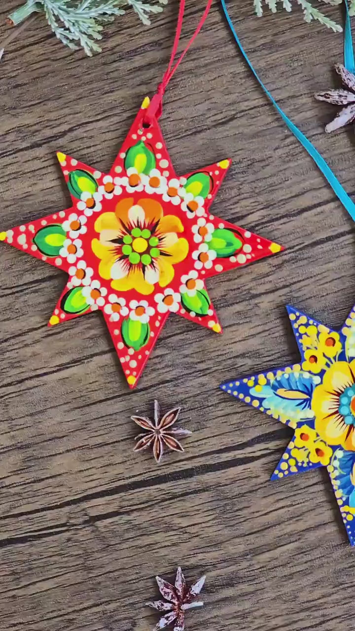 Set of 4 Hand-painted Wooden Star Christmas Ornaments - Handmade Ukrainian Pertykivka Christmas Tree Decorations, Flower Hanging Ornaments