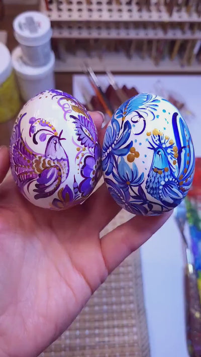 Painted Wooden Bird Easter Egg - Personalized Blue Bird Ukrainian Pysanky with Petrykivka Art