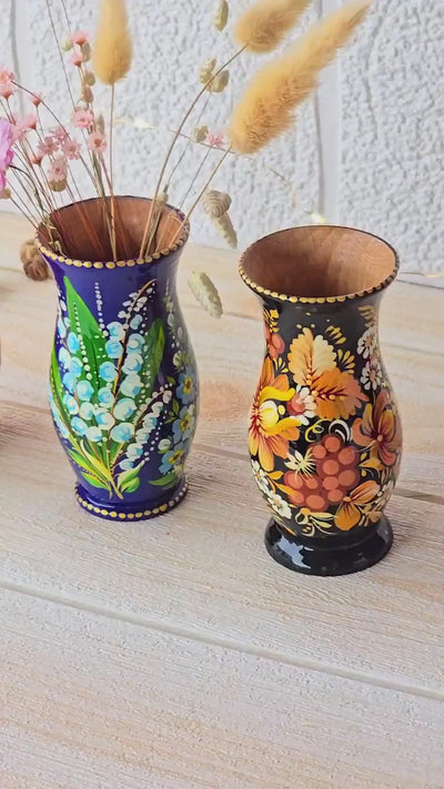 Personalized painted wooden vase 4.7 in - Beige flower Ukrainian folk art Petrykivka vase, Small vase for dried flowers, Handmade wood vase