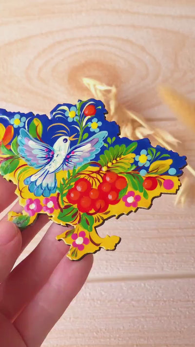 Ukraine Map Fridge Magnet, Hand-painted Wooden Blue and Yellow Magnet, Ukrainian Bird Magnet, Petrykivka Magnet, Carved Wooden Magnets