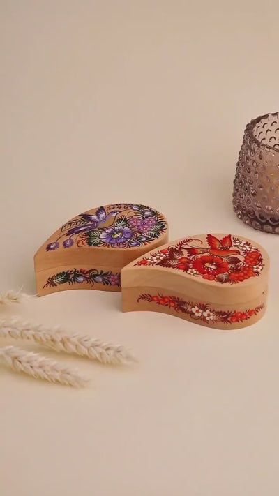Hand-Painted Wooden Hummingbird Jewelry Box - Handmade Ukrainian Petrykivka Box, Red Flower Leaf-shaped Box, Small Flocked Interior Box