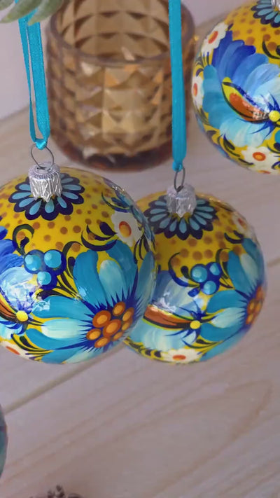 Painted Ukrainian Christmas Ornament Set, Handmade Blue & Yellow Flower Christmas Ball Ornaments 2.4 in with Petrykivka Art