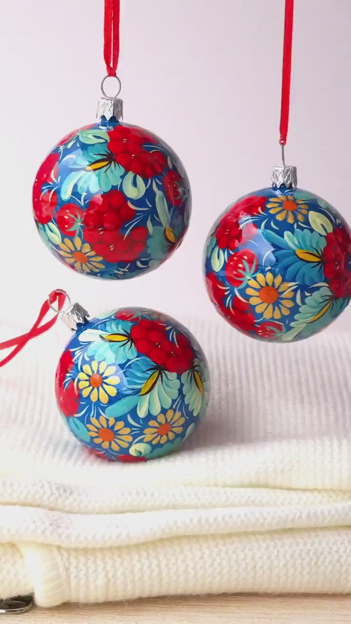 Set of 4/6/9 Hand-painted Christmas Ornaments 2.4 in, Handmade Ukrainian Christmas Tree Balls, Blue & Red Flower Christmas Baubles