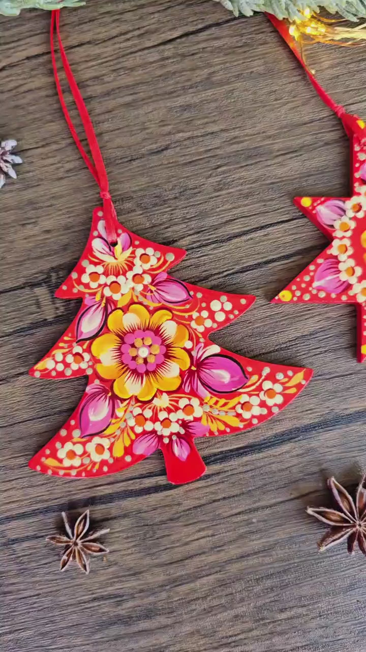 Hand-Painted Ukrainian Wooden Christmas Ornament Set - Handmade Red Tree and Star Petrykivka Decorations