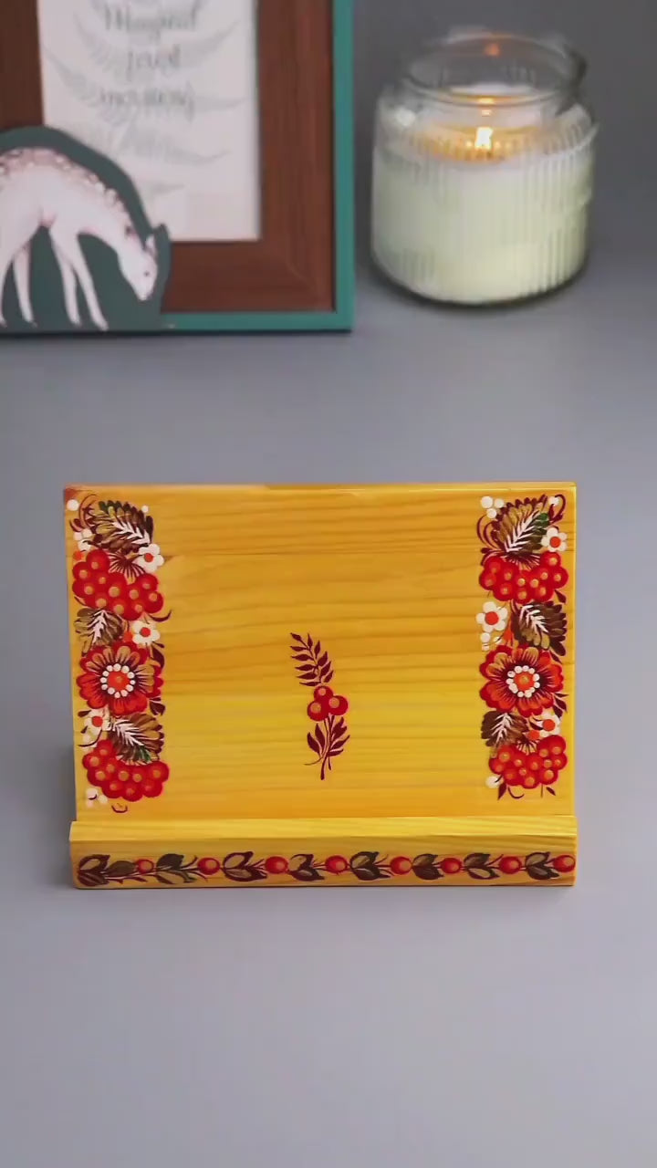 Hand-painted Wooden Phone Stand - Handmade Ukrainian Petrykivka Art Desk Phone Holder, Blue and Purple Flower Desk Decor