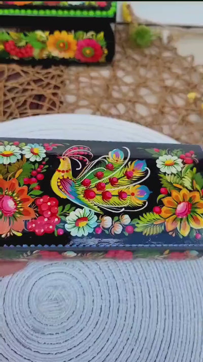 Painted Wooden Firebird Jewelry Box 6.3" - Ukrainian Traditional Petrykivka Folk Art