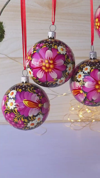 Christmas Ornament Set, Hand-painted Ukrainian Christmas Ball Ornaments 2.4 in with Petrykivka art, Unique Pink Flower Tree Decorations Set