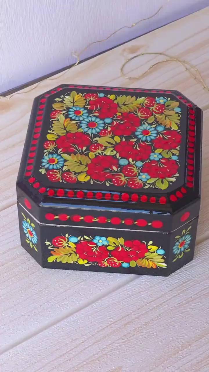 Hand-painted Wooden Keepsake Box - Personalized Red Flower Treasure Chest, Ukrainian Petrykivka Art Jewelry Box with Soft Cloth Lining