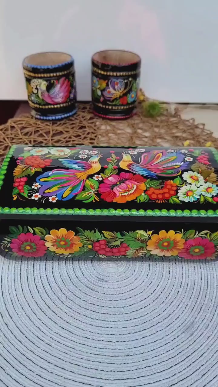Painted Wooden Jewelry Box 8.3" - Firebirds Couple Treasure Chest with Ukrainian Petrykivka Art