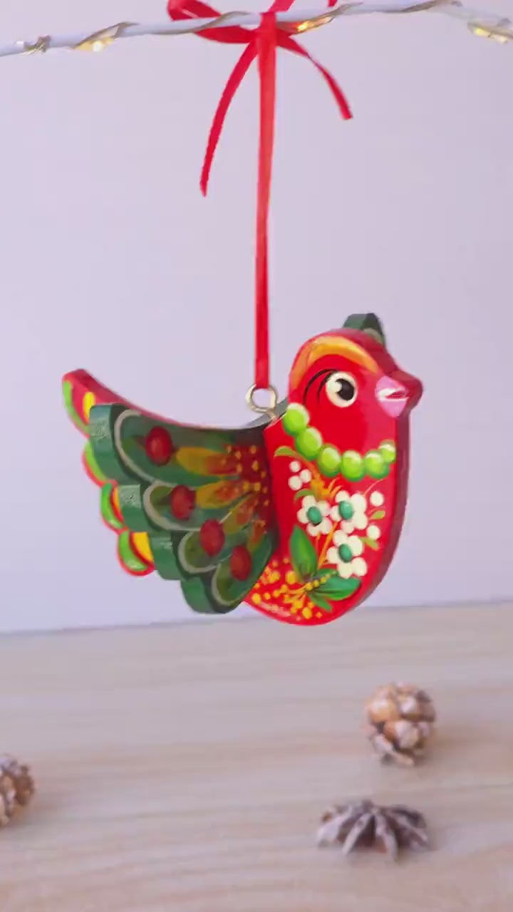 Painted Wooden Cardinal Christmas Ornament - Personalized Handmade Red Bird Christmas Tree Decoration with Ukrainian Petrykivka Art