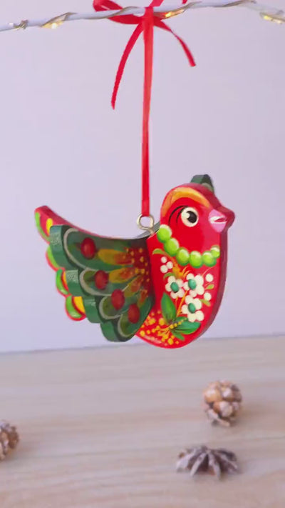 Painted Wooden Cardinal Christmas Ornament - Personalized Handmade Red Bird Christmas Tree Decoration with Ukrainian Petrykivka Art