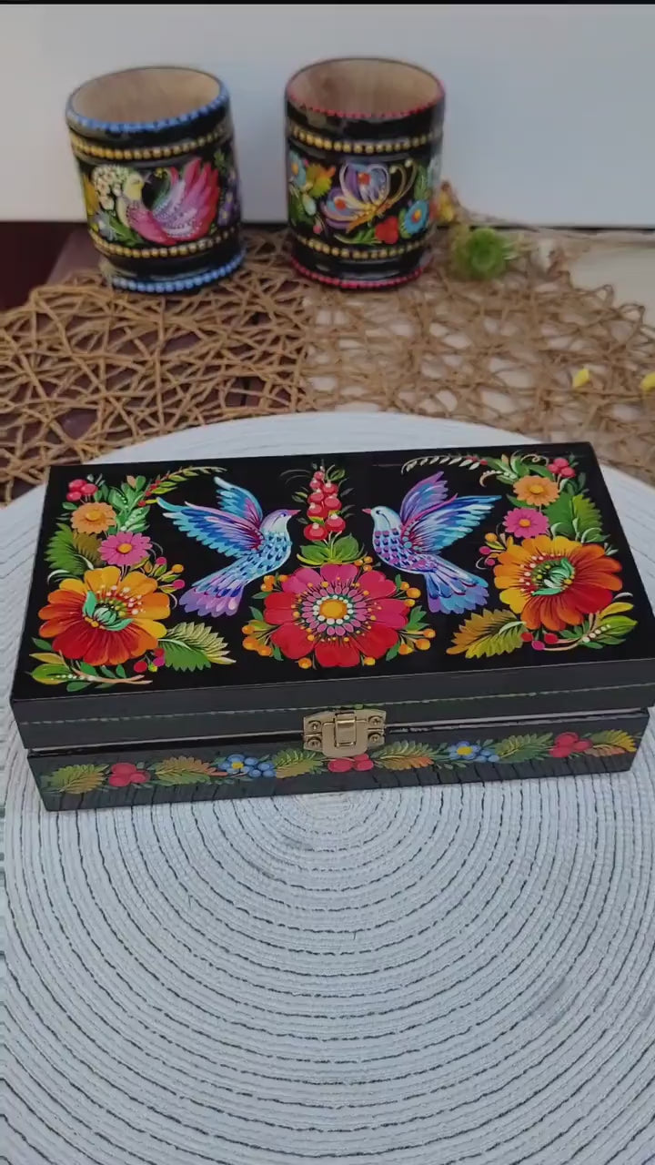 Painted Wooden Jewelry Box 7.48" - Pigeon Couple Treasure Chest with Ukrainian Petrykivka Folk Art