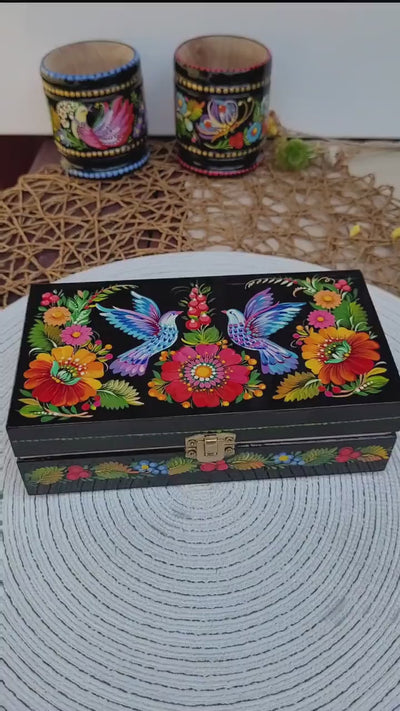 Painted Wooden Jewelry Box 7.48" - Pigeon Couple Treasure Chest with Ukrainian Petrykivka Folk Art