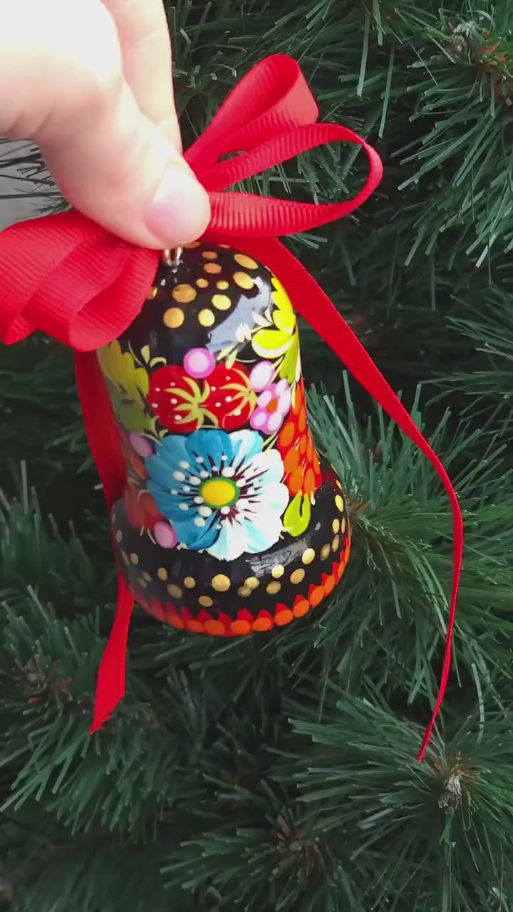 Set of 3 Painted Wooden Bell Christmas Ornaments, Handmade Ukrainian Petrykivka Art Christmas Bells, Flower Christmas Tree Decorations