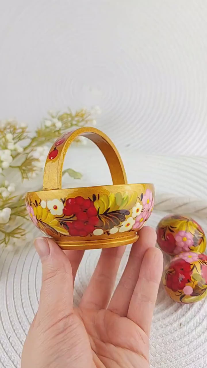 Wooden Easter basket with eggs, Painted small Petrykivka eggs, Pink & gold flower Easter eggs in the basket, Easter tiered tray decoration